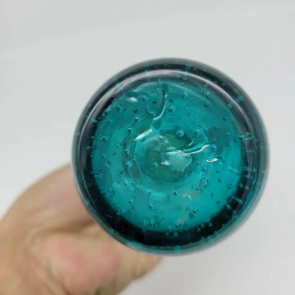 Vintage Teal Bubble Base Blown Glass Vase Narrow Mid Century Modern Smooth 8
